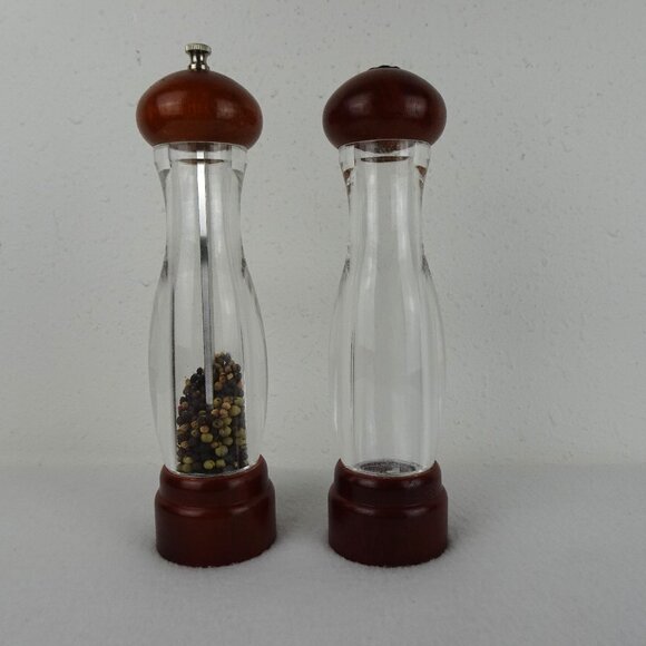 Vintage Clear Acrylic & Wood Pepper Mill And Salt Shaker Set 10" - Picture 1 of 7
